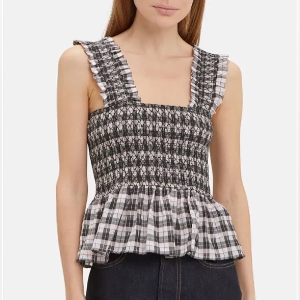 Ganni smocked plaid print tank
